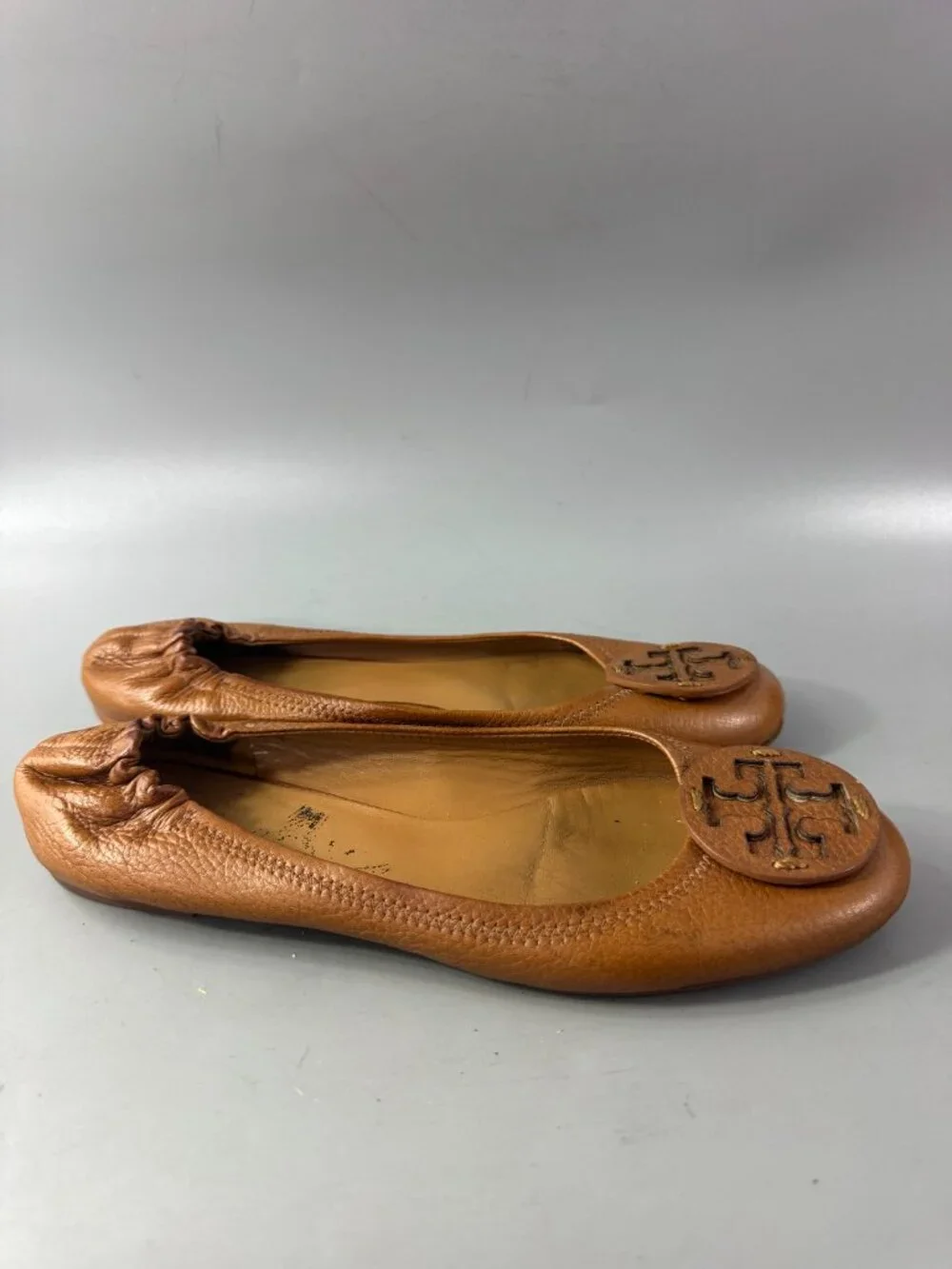 Tory Burch Reva Brown Leather Scrunch Ballet Flats, Size 10 M